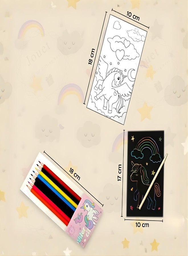 JOUET Unicorn Colouring Book Set with 8 Colour Pencils, 30 Page Colouring Book, 10 Scratch Art Sheets, Wooden Stylus, Pink, Ages 4+ - Image 3