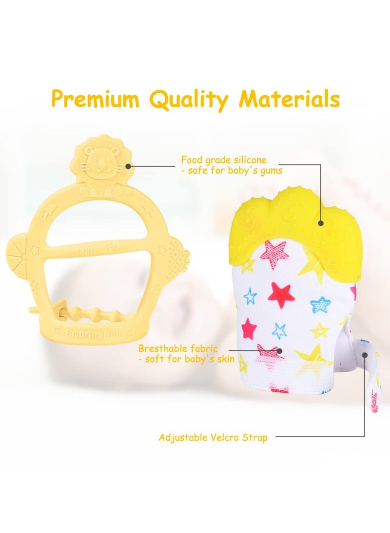 Mr. Penda 2Pcs Silicone Teething Mitten Set, Baby Teething Toy with Lion & Stars Pattern, Toddler Teething Gloves with Adjustable Strap, Crinkle Sound, Self Soothing Baby Chew Toys for Infants (Yellow)  - Image 4