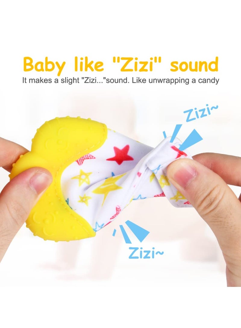 Mr. Penda 2Pcs Silicone Teething Mitten Set, Baby Teething Toy with Lion & Stars Pattern, Toddler Teething Gloves with Adjustable Strap, Crinkle Sound, Self Soothing Baby Chew Toys for Infants (Yellow)  - Image 5