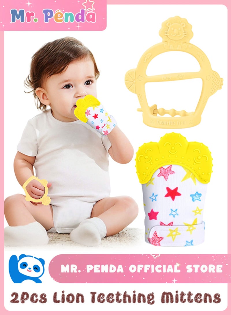 Mr. Penda 2Pcs Silicone Teething Mitten Set, Baby Teething Toy with Lion & Stars Pattern, Toddler Teething Gloves with Adjustable Strap, Crinkle Sound, Self Soothing Baby Chew Toys for Infants (Yellow)  - Image 1