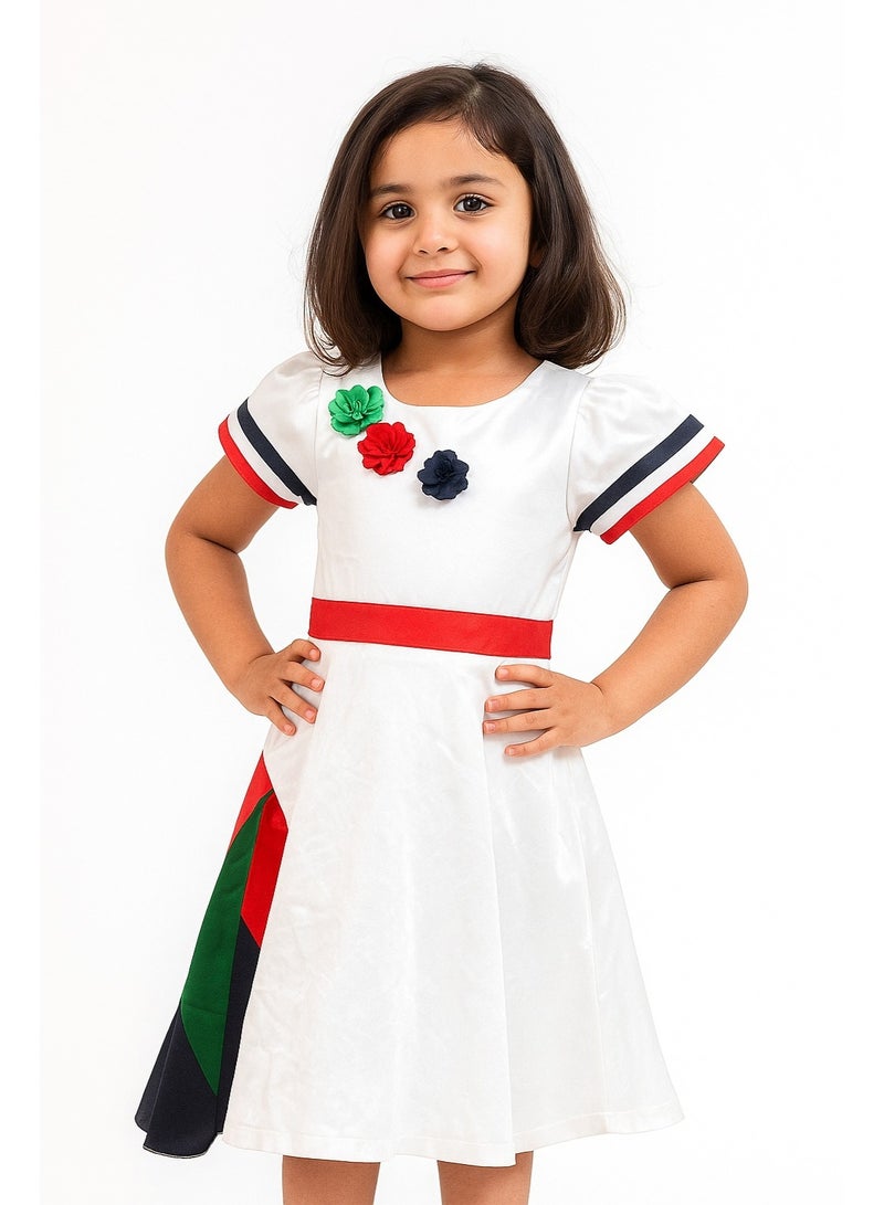 المنزل الذكي هوم سمارت فستان أبيض بنقشة علم اليوم الوطني للبنات احتفلي باليوم الوطني لدولة الإمارات العربية المتحدة بأناقة الزي الوطني لدولة الإمارات العربية المتحدة للمناسبات الوطنية الاحتفالية - Image 1