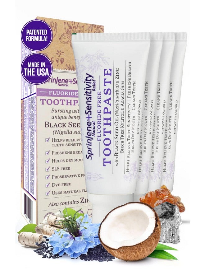 سبرين جين معجون أسنان سبرينجين خالي من الفلورايد للأسنان واللثة الحساسة، نفس منعش يساعد على جفاف الفم، معجون أسنان طبيعي خالٍ من الفلورايد للبالغين، خالي من كبريتات لوريل الصوديوم والمواد الحافظة السامة، مع زيت الحبة السوداء والزنك، عبوة من 4 قطع - Image 1