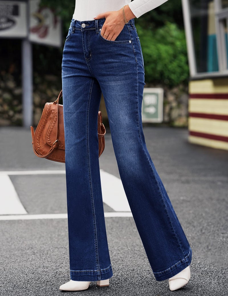 GRAPENT Womens Plus Size Stretch High Waisted Flare Ripped Jeans 70s Outfits Jeans Size 12 Wide Leg Pants Color Deep Blue 14 - Image 2