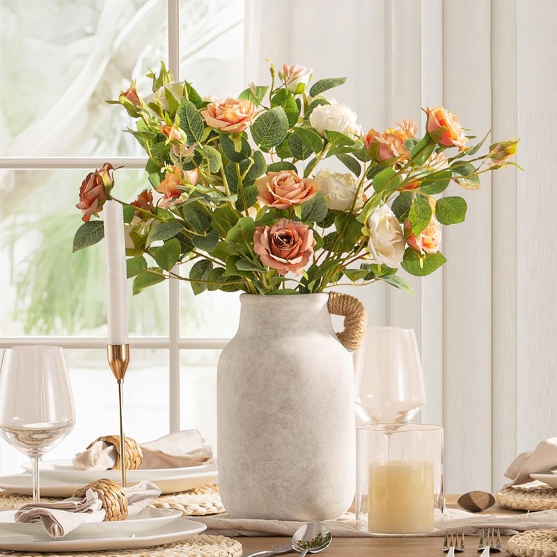 Vanselia Ceramic Flower Vase Home Decor - 10.6 inch Tall Large White Rustic Table Flowers Vases with Handle Living Room Bedroom Plant Decoration Farmhouse Vintage for Kitchen Shelf Office Coffee Dining Desk - Image 2