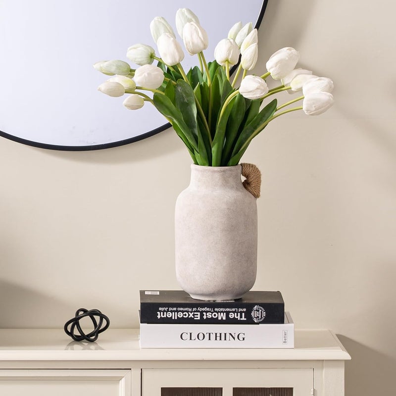 Vanselia Ceramic Flower Vase Home Decor - 10.6 inch Tall Large White Rustic Table Flowers Vases with Handle Living Room Bedroom Plant Decoration Farmhouse Vintage for Kitchen Shelf Office Coffee Dining Desk - Image 3