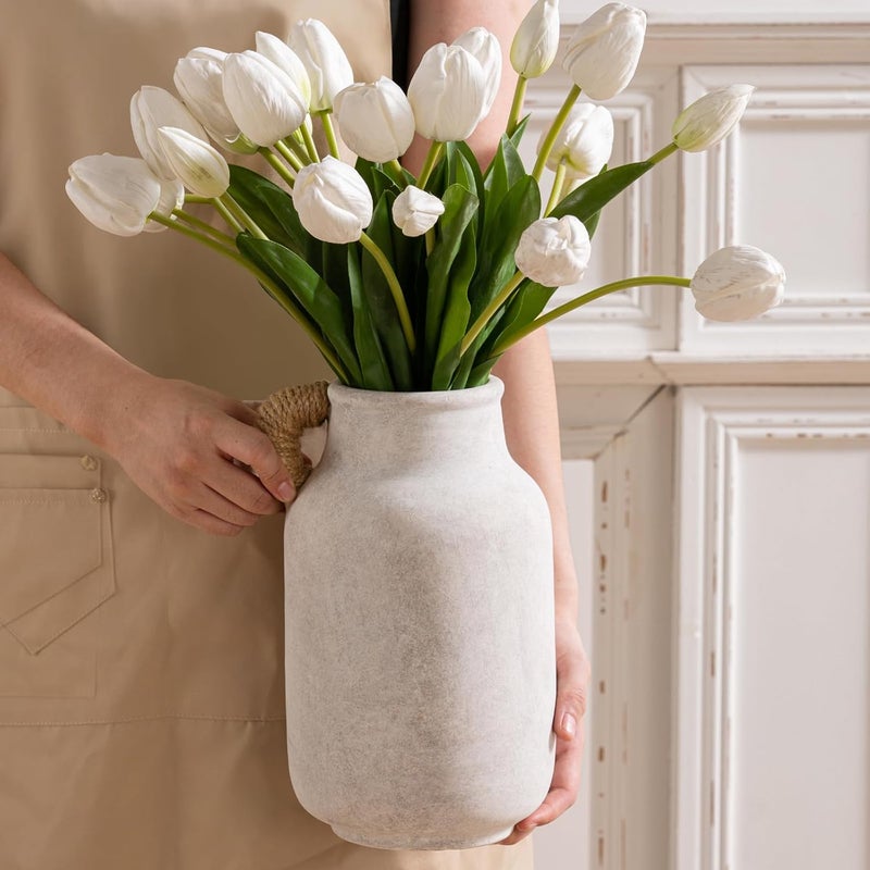 Vanselia Ceramic Flower Vase Home Decor - 10.6 inch Tall Large White Rustic Table Flowers Vases with Handle Living Room Bedroom Plant Decoration Farmhouse Vintage for Kitchen Shelf Office Coffee Dining Desk - Image 1
