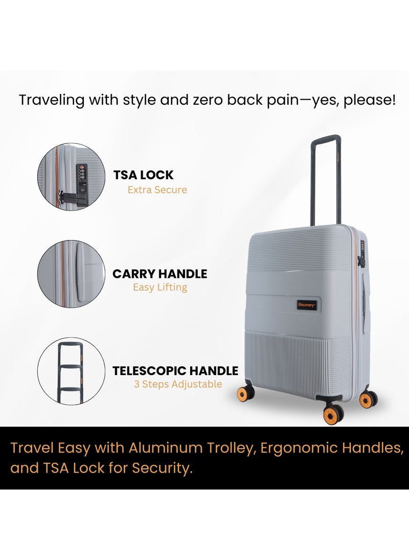 Discovery - Discovery Trails Check-In Large PP Hardside Luggage Silver, Durable Expandable Unbreakable Double Zip Lightweight Travel Bag 4 Double Wheel TSA Lock 30 Inch Suitcase Trolley Bag. - Image 1