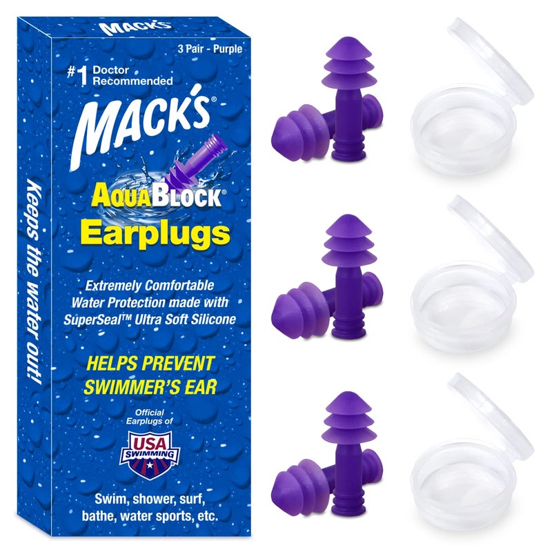 Mack's AquaBlock Swimming Earplugs, 3 Pair - Comfortable, Waterproof, Reusable Silicone Ear Plugs for Swimming, Snorkeling, Showering, Surfing and Bathing (Purple) - Image 1