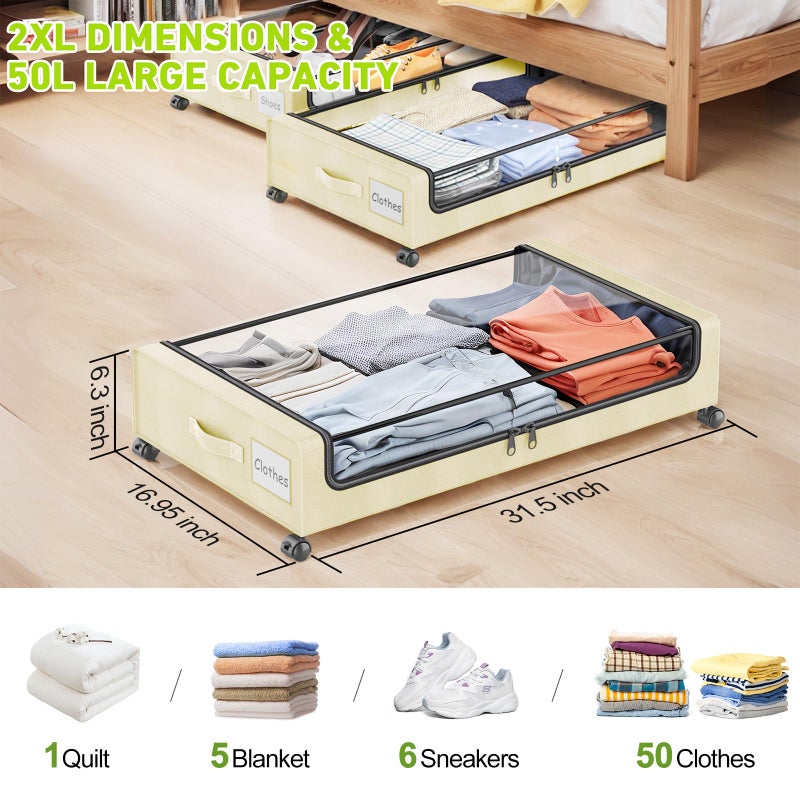 Molutsody Under Bed Storage with Wheels, 2-Pack Underbed Storage Containers with Clear Lids, Under Bed Shoe Storage Organizer, Rolling Under Bed Storage for Clothes Shoes Blankets (Beige) - Image 2
