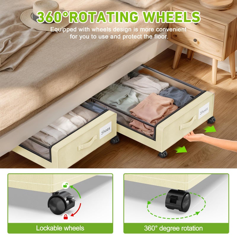 Molutsody Under Bed Storage with Wheels, 2-Pack Underbed Storage Containers with Clear Lids, Under Bed Shoe Storage Organizer, Rolling Under Bed Storage for Clothes Shoes Blankets (Beige) - Image 3