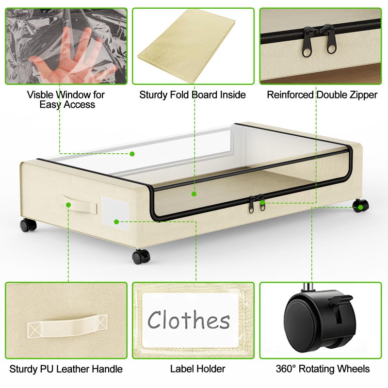 Molutsody Under Bed Storage with Wheels, 2-Pack Underbed Storage Containers with Clear Lids, Under Bed Shoe Storage Organizer, Rolling Under Bed Storage for Clothes Shoes Blankets (Beige) - Image 4