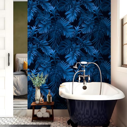 ReWallpaper 175in23ft Tropical Wallpaper Prepasted Dark Blue Palm Leaf Wallpaper for Bathroom Removable Monstera Leaves Vinyl Contact Paper Waterproof Navy Blue Wall Paper for Living Room Cabinets - Image 3