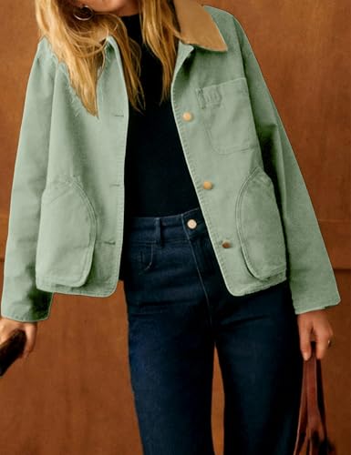 Yeokou Womens Casual Jacket Crop Barn Trench Coat Long Sleeve Button Down Oversized Jacket with Pockets Outerwear(Green-M) - Image 2