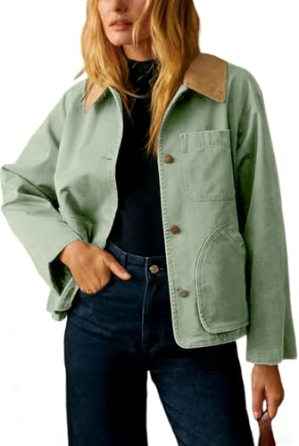 Yeokou Womens Casual Jacket Crop Barn Trench Coat Long Sleeve Button Down Oversized Jacket with Pockets Outerwear(Green-M) - Image 1