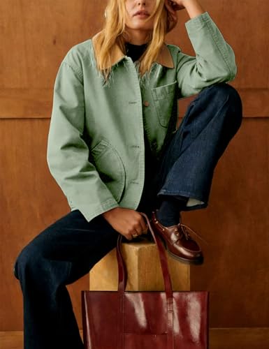 Yeokou Womens Casual Jacket Crop Barn Trench Coat Long Sleeve Button Down Oversized Jacket with Pockets Outerwear(Green-M) - Image 3