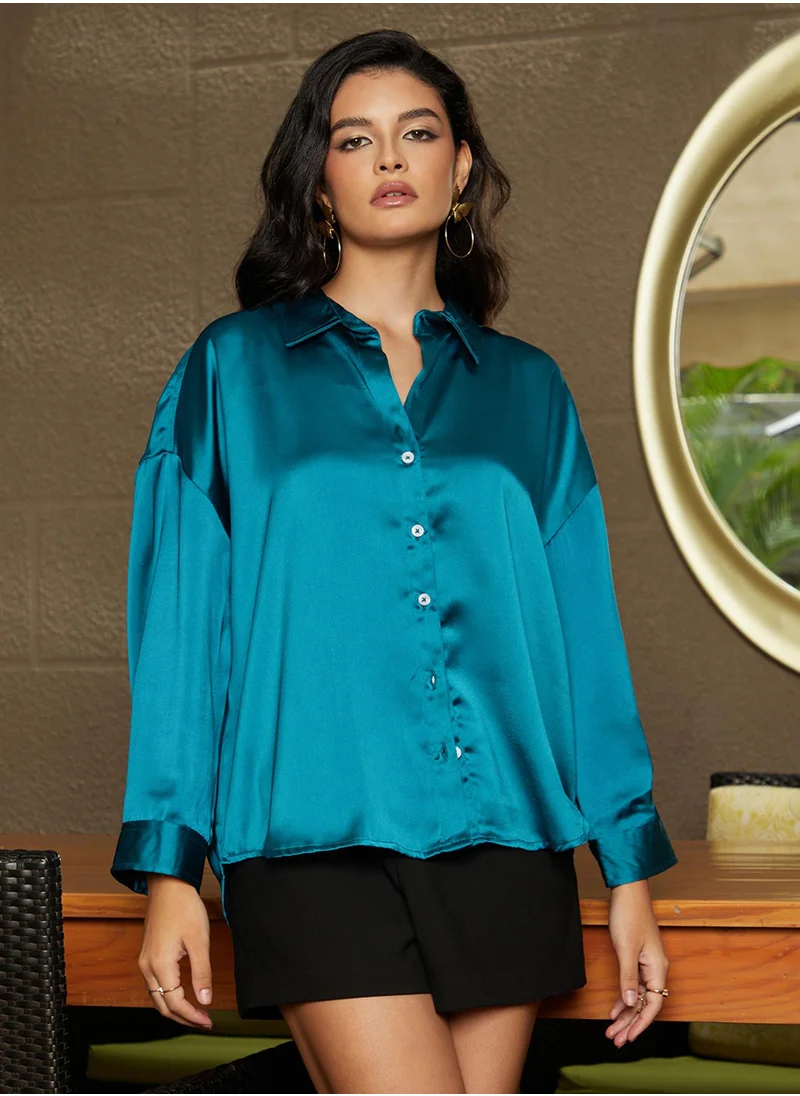 كامبوس سوترا Women's Teal Green Boxy Satin Shirt