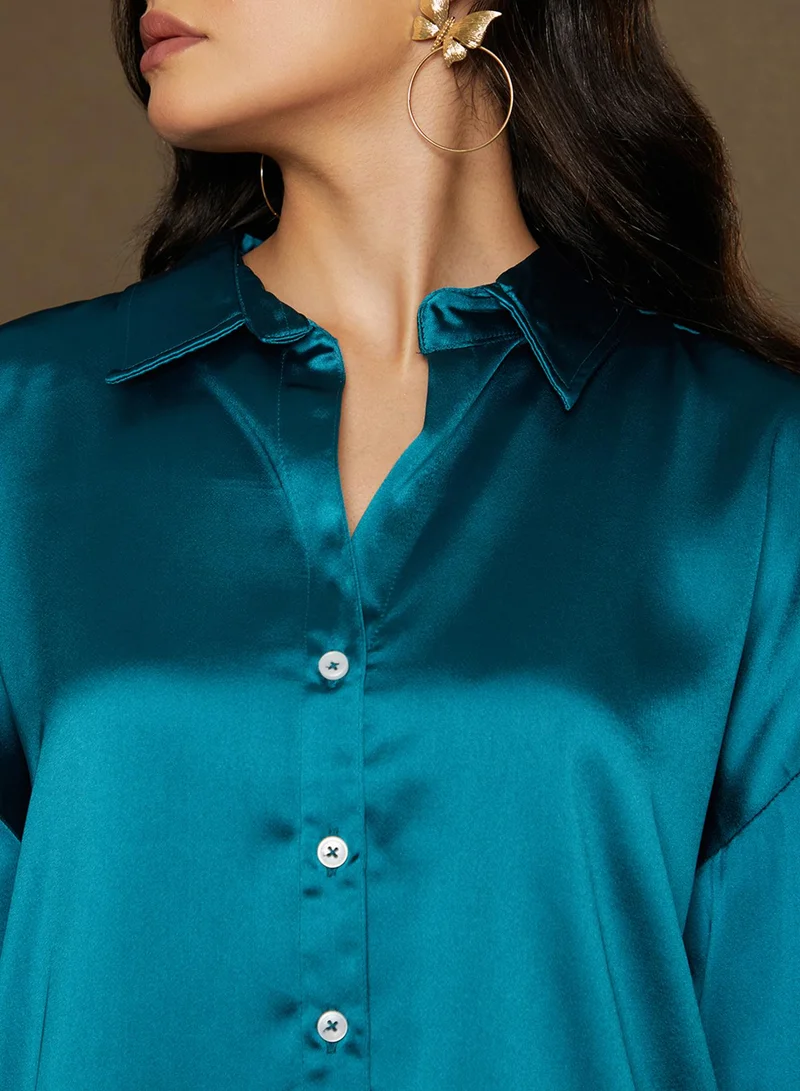 Campus Sutra Women's Teal Green Boxy Satin Shirt