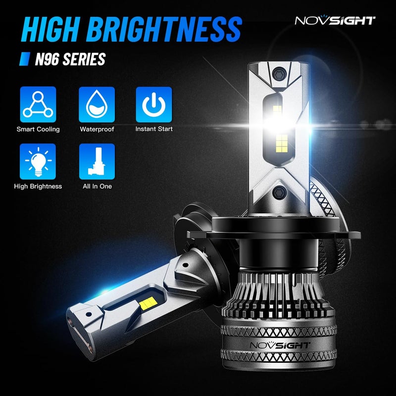 NOVSIGHT مصابيح أمامية LED H4 من NOVSIGHT - 45000 لومن 200 واط مع مروحة، 6500 كلفن سطوع أبيض بارد، مجموعات تحويل بديلة LED هالوجين 9003، مقاومة للماء IP68، عبوة من 2 - Image 2