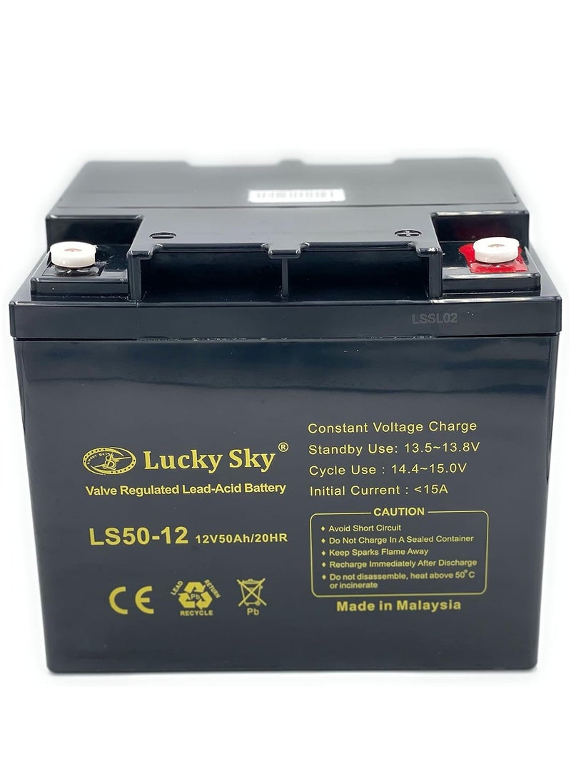 Lucky Sky بطارية حمض الرصاص مختومة قابلة لإعادة الشحن 12 فولت 50 أمبير – ثقيلة الأداء، شحن عميق، خالية من الصيانة – مثالية للطاقة الشمسية، العاكسات، المركبات الكهربائية، UPS والمزيد  - Image 1