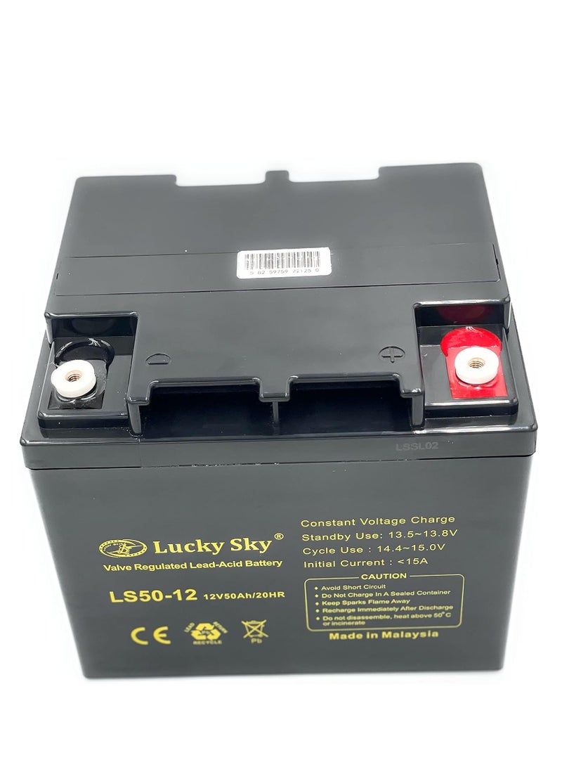 Lucky Sky بطارية حمض الرصاص مختومة قابلة لإعادة الشحن 12 فولت 50 أمبير – ثقيلة الأداء، شحن عميق، خالية من الصيانة – مثالية للطاقة الشمسية، العاكسات، المركبات الكهربائية، UPS والمزيد  - Image 2