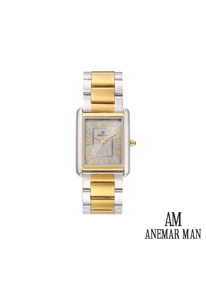 ANEMAR MAN Men's stainless steel wristwatch, Cartier style, water-resistant and high quality, with a silver and gold strap and a gray dial.