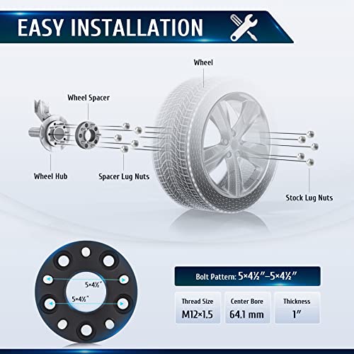 Orion Motor Tech فواصل العجلات المركزية من أوريون موتور تك 5x4.5، فواصل عجلات سوداء 1" مع مسامير M12x1.5 متوافقة مع هوندا أكورد هوندا سيفيك هوندا CRV أكورا RSX أكورا TL، مجموعة فواصل العجلات بفتحة 64.1 مم، 4 قطع - Image 3