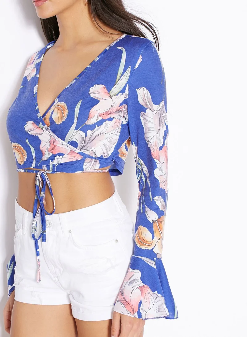 MinkPink Printed Wrap Front Crop Top