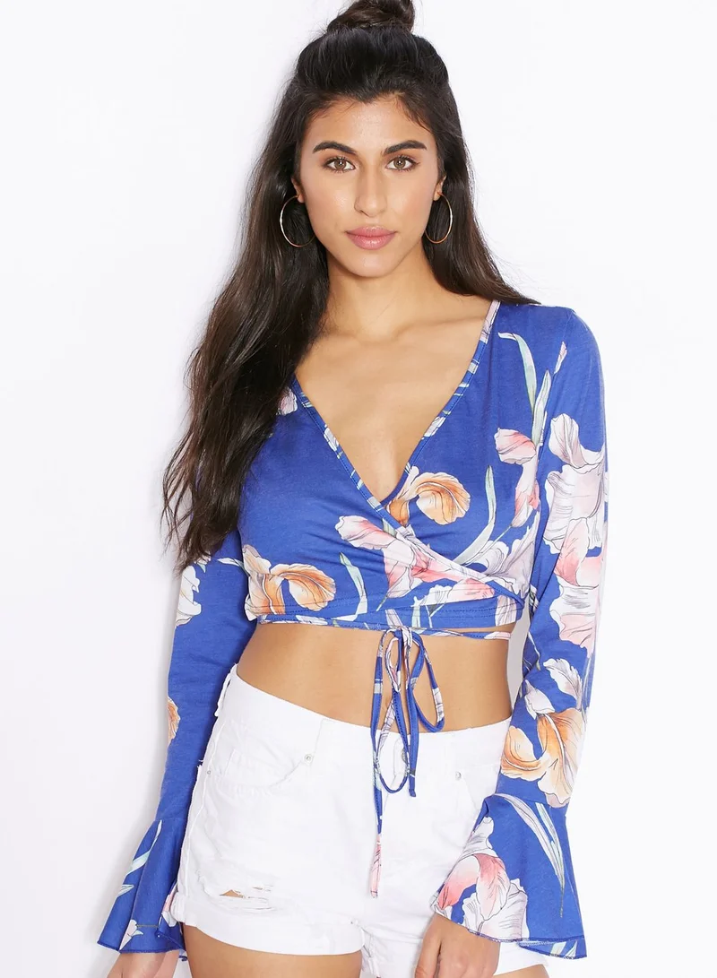 MinkPink Printed Wrap Front Crop Top
