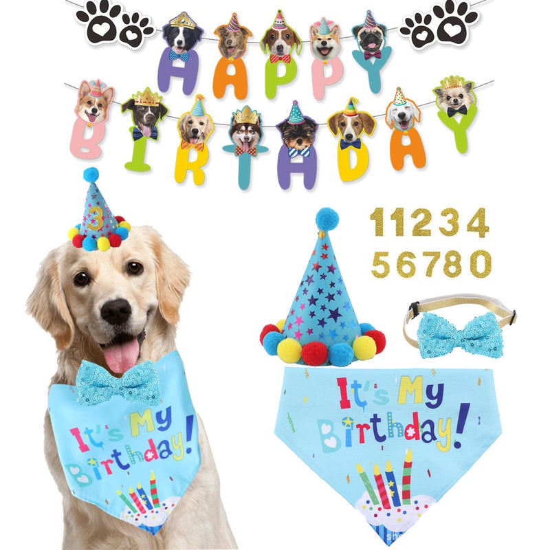 Agirlvct Dog Birthday Party Supplies, Boy Dog Puppy Theme Birthday Decorations,Dog Birthday Hat/Bow Tie/Bandana/Banner for Small Medium Large Dog(Blue) - Image 1