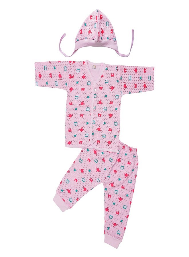 CUTE LANDINGS® 0-3|3-6|6-9|9-12 Months Baby Girls and Boys Hosiery Wear 3 Piece Set (Vest/T-Shirt/jhabla, Pyjama/Track Pant and Cap) Infant Clothes|Gift Set|Essentials|Dress Pink - Image 1