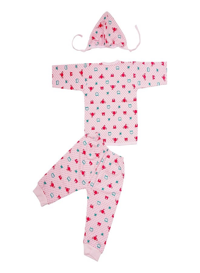 CUTE LANDINGS® 0-3|3-6|6-9|9-12 Months Baby Girls and Boys Hosiery Wear 3 Piece Set (Vest/T-Shirt/jhabla, Pyjama/Track Pant and Cap) Infant Clothes|Gift Set|Essentials|Dress Pink - Image 3