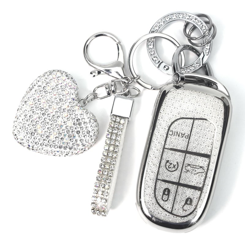 YIKECASE Key Fob Cover with Diamond Keychain for Women, Car Key Holder Compatible with Jeep Grand Cherokee Renegade Dodge RAM Durango Challenger Chrysler Protector, 5 Buttons (Silver-Heart) - Image 1