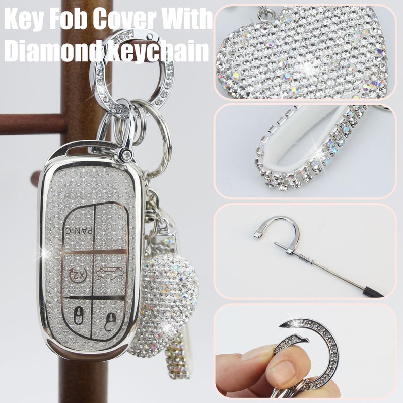 YIKECASE Key Fob Cover with Diamond Keychain for Women, Car Key Holder Compatible with Jeep Grand Cherokee Renegade Dodge RAM Durango Challenger Chrysler Protector, 5 Buttons (Silver-Heart) - Image 3