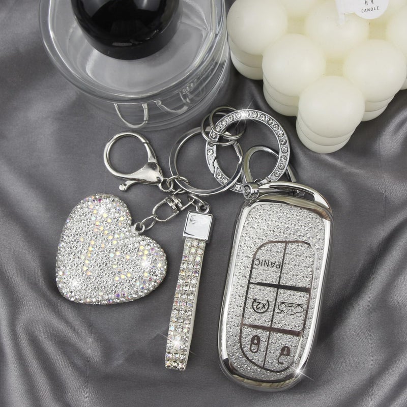 YIKECASE Key Fob Cover with Diamond Keychain for Women, Car Key Holder Compatible with Jeep Grand Cherokee Renegade Dodge RAM Durango Challenger Chrysler Protector, 5 Buttons (Silver-Heart) - Image 4