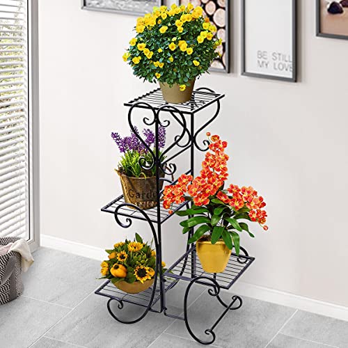 Bee Creative 4 Tier Wrought Iron Plant Stand Flower Stand Shelf Stainless Steel Flower Pot Flower Display Stand For Balcony Terrace Indoor Outdoor Classical European Style Sturdy and Durable (Black) - Image 1