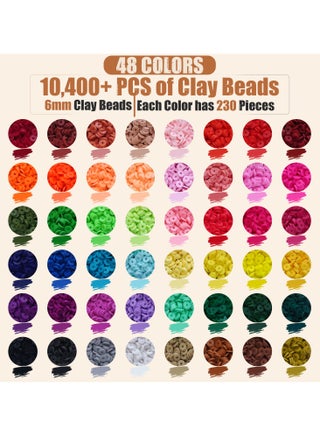 11,000 Pcs 48 Colors Clay Beads Bracelet Making Kit, DIY flat jewelry kit with Charms & Elastic Strings for Necklace, Earing & Jewelry, Polymer Heishi Beads Gift for Girls Adults Age 6+ - view 2