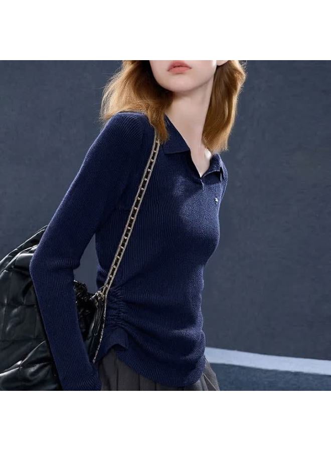 Fan Qin Pleated Polo Shirt Autumn Winter Fashion Slim Fit Versatile Knitwear 453hl5083x Deep Sea Blue M - Image 4