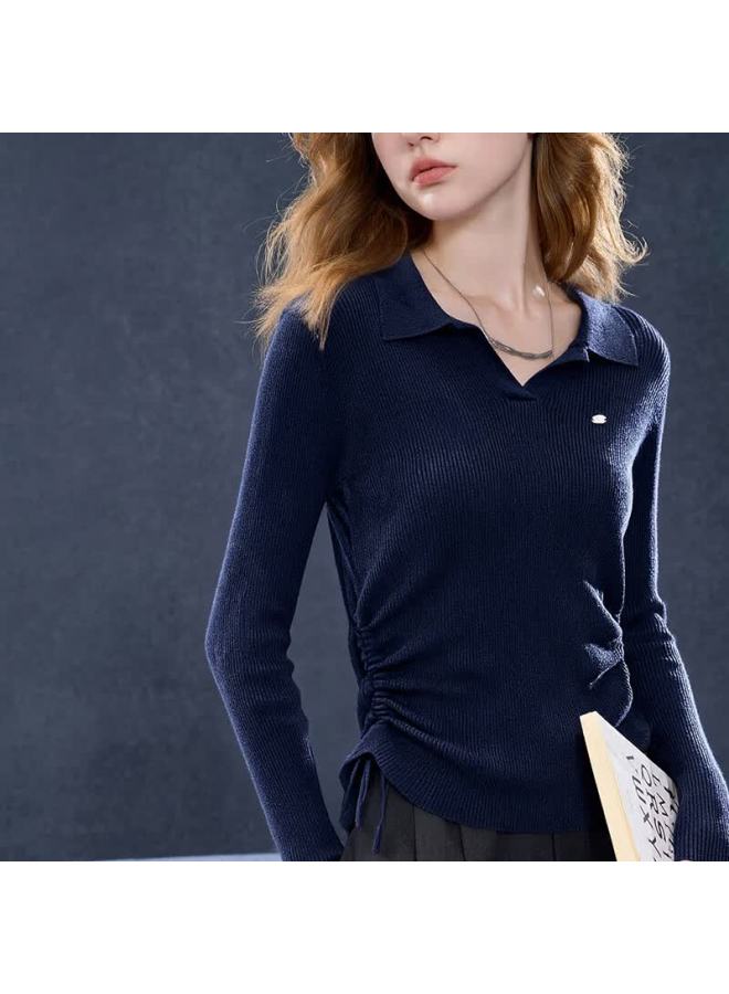 Fan Qin Pleated Polo Shirt Autumn Winter Fashion Slim Fit Versatile Knitwear 453hl5083x Deep Sea Blue M - Image 1