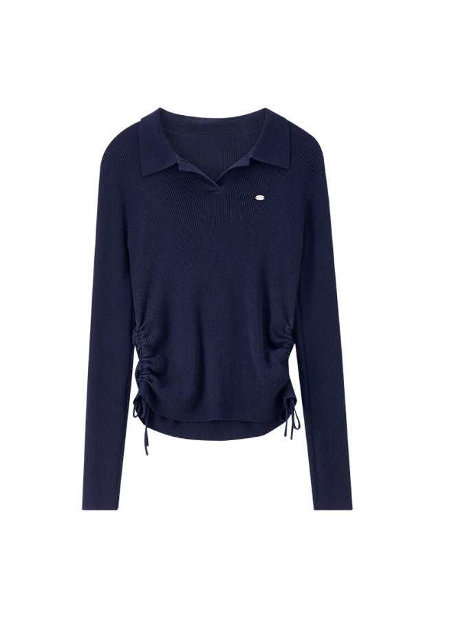 Fan Qin Pleated Polo Shirt Autumn Winter Fashion Slim Fit Versatile Knitwear 453hl5083x Deep Sea Blue M - Image 5