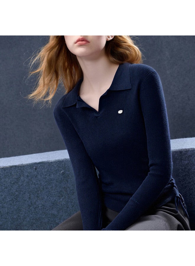 Fan Qin Pleated Polo Shirt Autumn Winter Fashion Slim Fit Versatile Knitwear 453hl5083x Deep Sea Blue M - Image 3