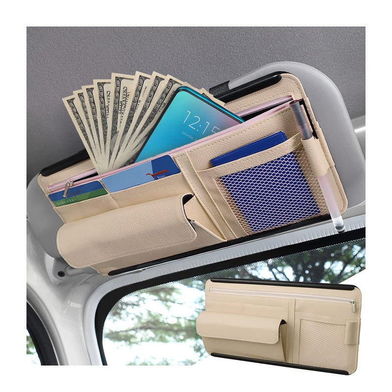 Car Sun Visor Organizer Car Visor Pocket Wallet Pouch Holder Vehicle Sunshade Glasses Case Storage Bag with MultiPocket Net Zipper Auto Interior Accessories Universal for SUV Truck Van Beige
