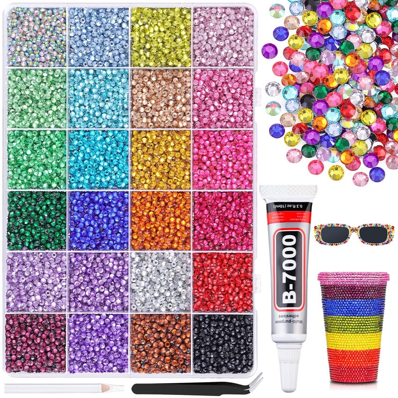 BELLEBOOST 24000Pcs Resin Rhinestones for Bedazzling with B7000 Jewelry Glue, Multicolor 3mm Flatback Gems Rhinestones for Crafting, Clothing Tumblers Mugs Shoes Fabric Decor Nail Art - Image 1