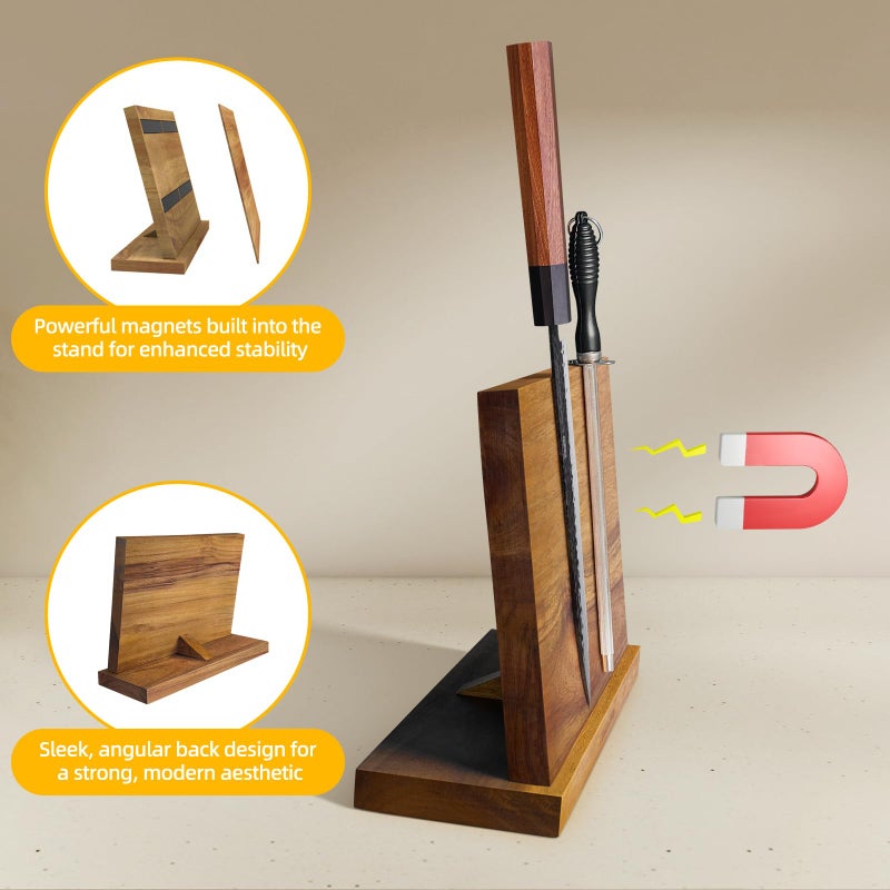 FINDKING Magnetic Knife Block, Teak Wood Utensils Holder, Strong Magnet Stand for Kitchen Counter (10.8 x 8 Inches, Without Knives) - Image 3