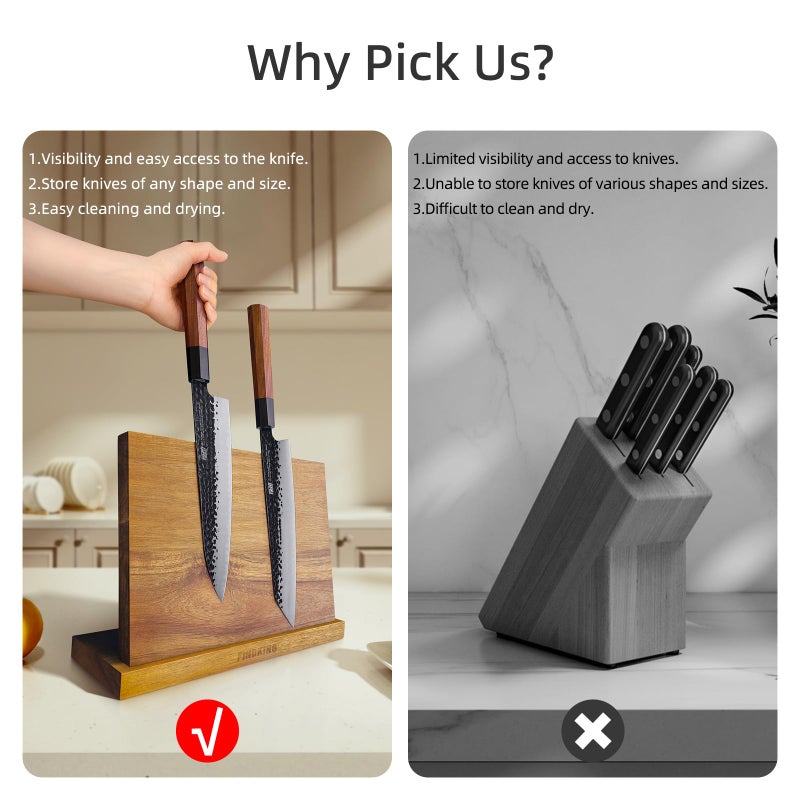 FINDKING Magnetic Knife Block, Teak Wood Utensils Holder, Strong Magnet Stand for Kitchen Counter (10.8 x 8 Inches, Without Knives) - Image 4