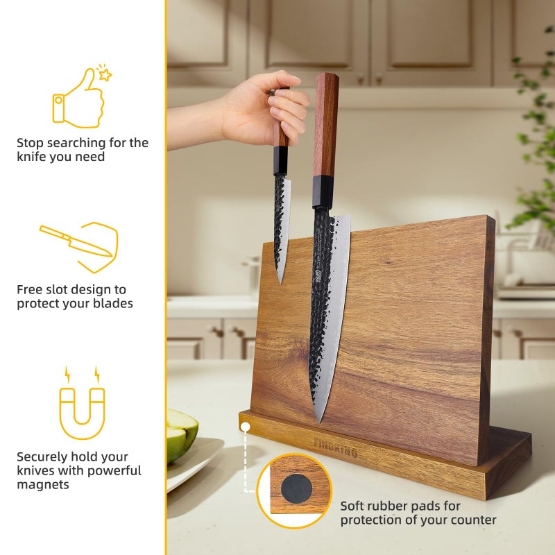FINDKING Magnetic Knife Block, Teak Wood Utensils Holder, Strong Magnet Stand for Kitchen Counter (10.8 x 8 Inches, Without Knives) - Image 2
