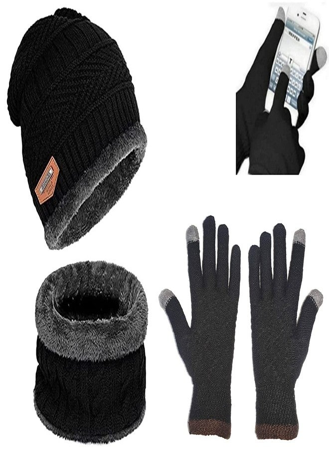 BeFall Winter Woolen Beanie Cap Hat Neck Warmer Scarf and Touch Screen Supported Mittens Woolen Gloves Set Combo Skull Cap for Men Women (Black) - Image 1