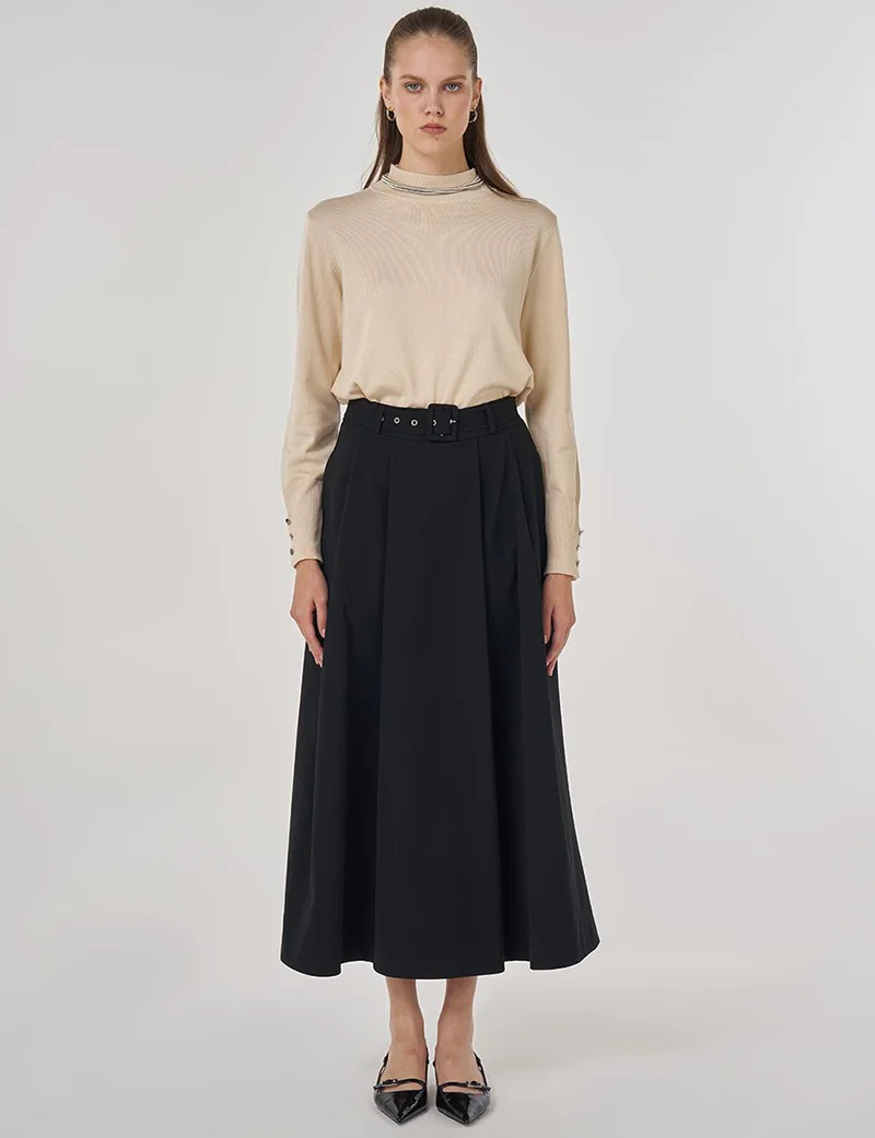 Kayra A-Line Skirt with Belt Detail in Black