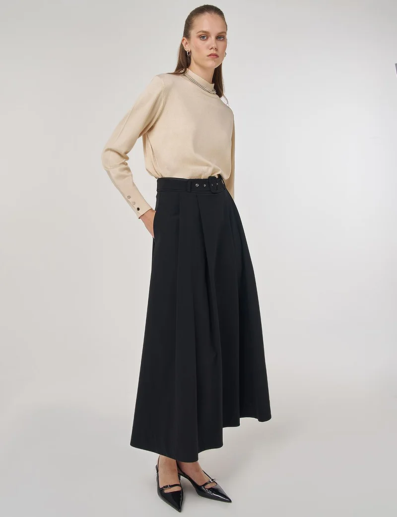 Kayra A-Line Skirt with Belt Detail in Black