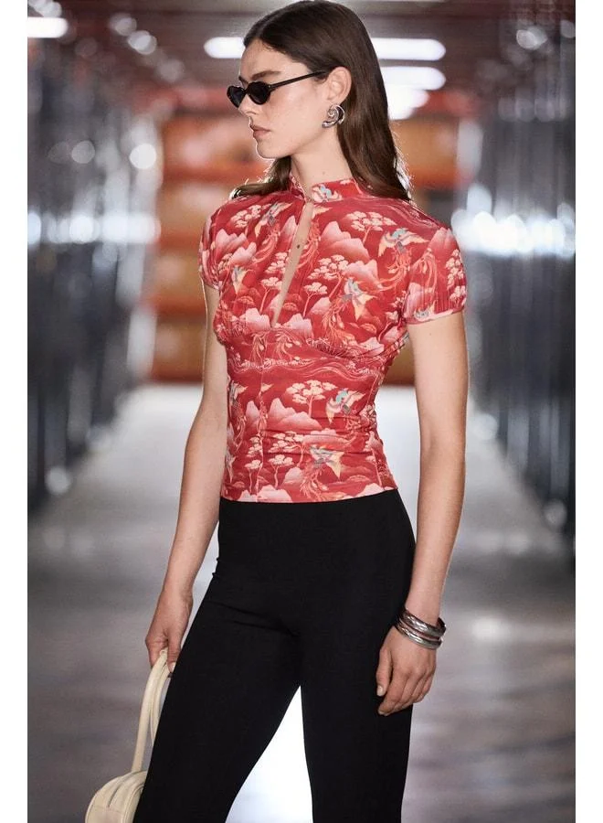 GRIMELANGE DRUSILLA Women's Soft and Flexible Printed Fabric Red Blouse with Chest Decollete.