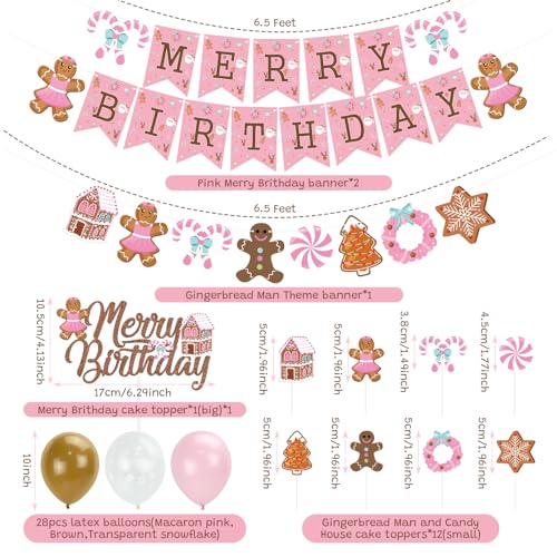 K KUMEED Pink Gingerbread Man Decorations Christmas Merry Birthday Banner Cute Candy House Cake Topper Latex Balloons for Boys Girls Merry Birthday Party Supplies Baby Shower - Image 5